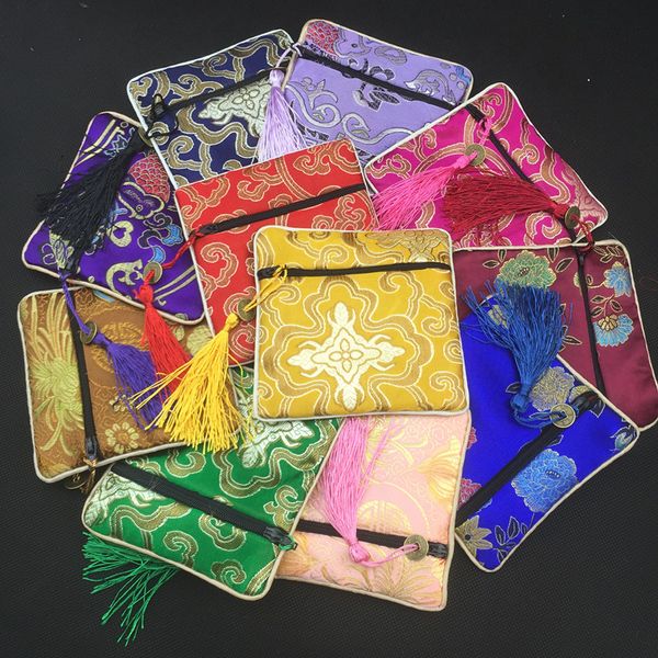 

High Quality Small Tassel Zip Purse Gift Packaging Bags Silk Satin Jewelry Bracelet Bangle Storage Pouch Chinese Coin Wallet 10pcs/lot