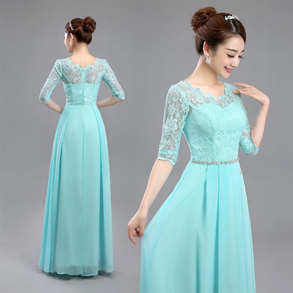 

scoop neck lace chiffon bridesmaid dress with half sleeves 2019 new long wedding party dress lake blue, White;pink