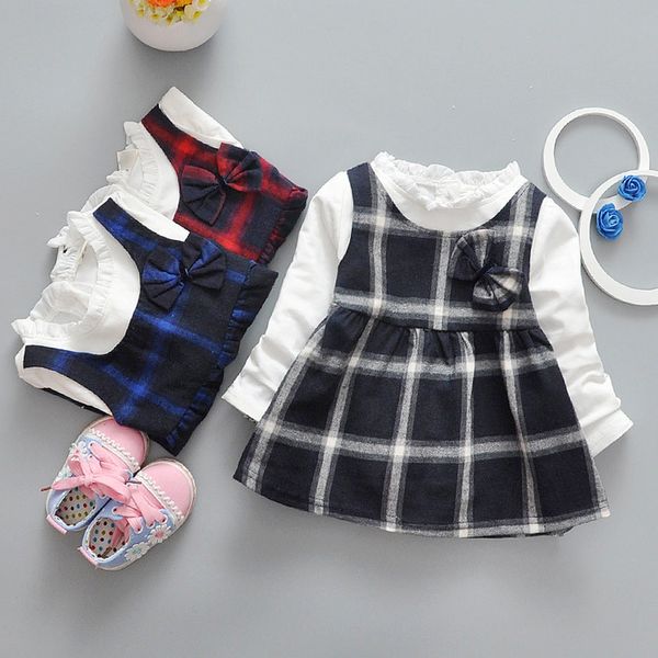 

wholesale- fashion toddler girl dress cotton long sleeve spring kids plaid grid print baby dress bow baby girl clothing 2017 new, Red;yellow