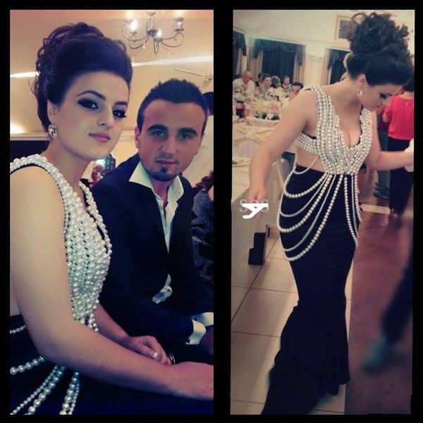 

pearls black evening gowns dresses 2016 v neck saudi arabia dubai formal mermaid prom party dresses vestidos de festa, Black;red