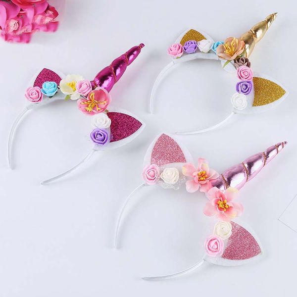 

unicorn horn children hair accessories new flower princess headbands glitter cat ear kids hair bands halloween hair sticks c2126, Slivery;white