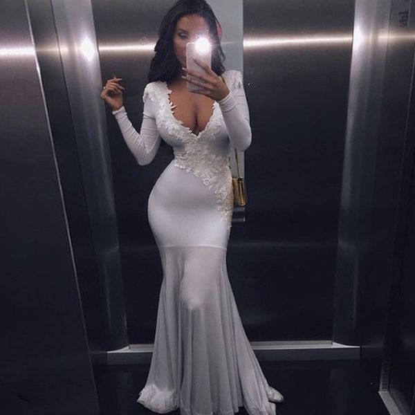 

2019 Newest Seductive Mermaid Formal Evening Gowns Applique Robe De Soiree Deep V Neck Long Sleeve Prom Party Dress Custom Made Cheap