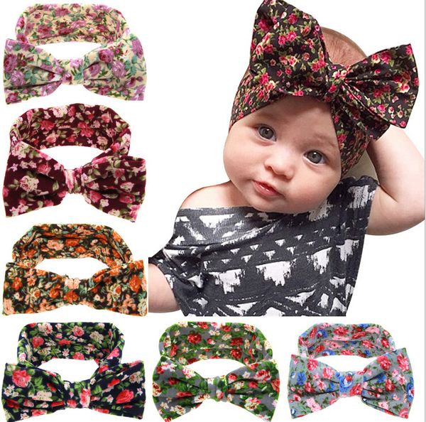 

baby floral printed big bowknot rabbit ears headbands kids infant cute knot soft flower hairband turban headwrap children hair accessories, Slivery;white