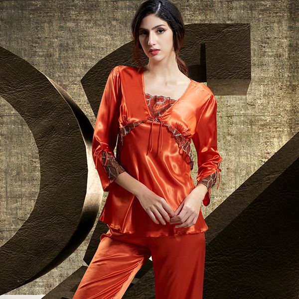 

2020 spring new women pajamas square collar sleepwear ankle-length pants three quarter sleeve pyjama female lace embroidery pijama 1511, Black;red