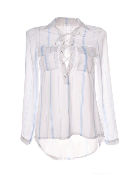 2016 Blue Stripe White Shirt Front Lace Up Tie Up Pocket Sheer See Through Long Sleeve Blouse Sexy Ladies Office Shirts free shipping