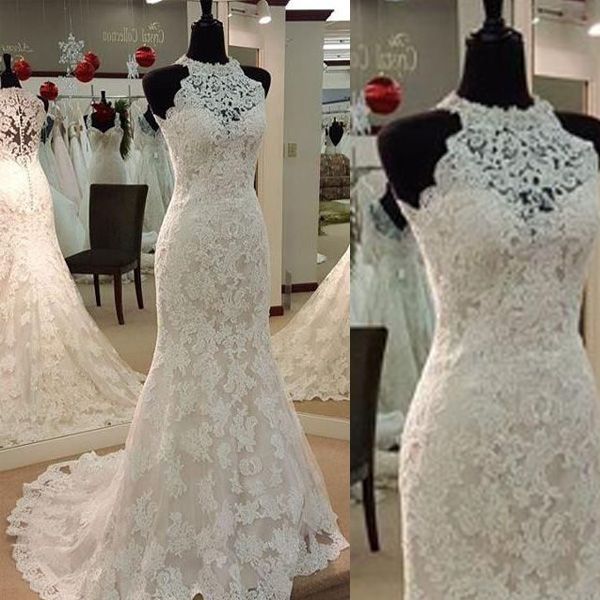 

full lace wedding dresses mermaid style bridal gowns sheer halter neck sleeveless illusion back appliqued sweep train high quality, White