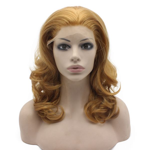 

16inch shoulder length wavy blonde synthetic lace front natural wig, Black