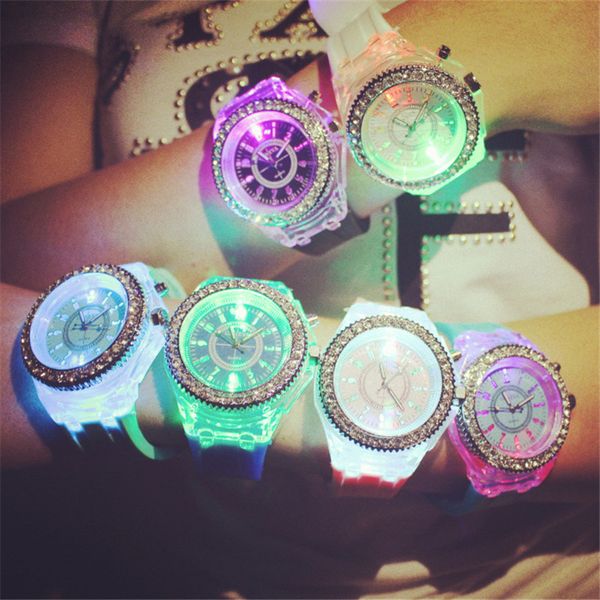 

boutique watches korea diamond colorful light-emitting luminous student sports watch led lover watch silicone jelly watches for children 566, Slivery;brown