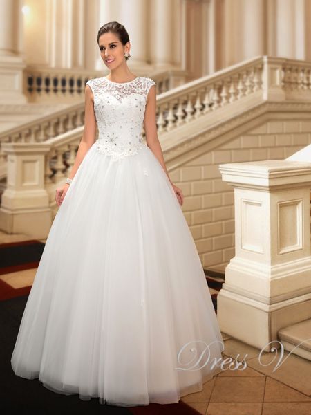 

2019 Fabulous Scoop Neck Wedding Dresses Floor Length A-Line Lace Beadings Tulle Wedding Dress Bride Dress free shipping