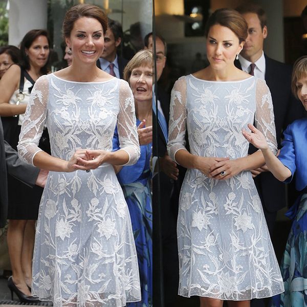 

women's dress middleton princess kate fashion same style white on blue lace dress ol half sleeve white lace casual dress, Black;gray