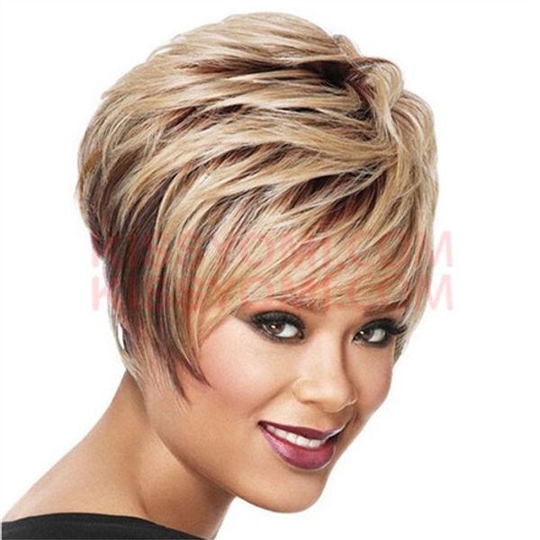 

short hair wig curly wave wigs ombre blonde brown for women synthetic wig side bang synthetic wig, Black
