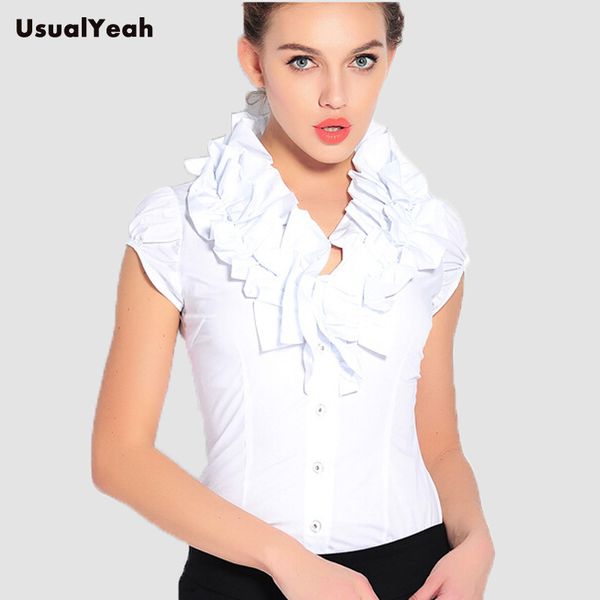 

wholesale-new 2016 casual women body blouses shirt short sleeve ruffled collar ruffles blusa feminina summer white s-xxl sy0255