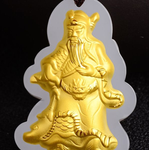 

lucky gold inlaid jade pendant duke guan (wu i the god of wealth). necklace pendant., Silver