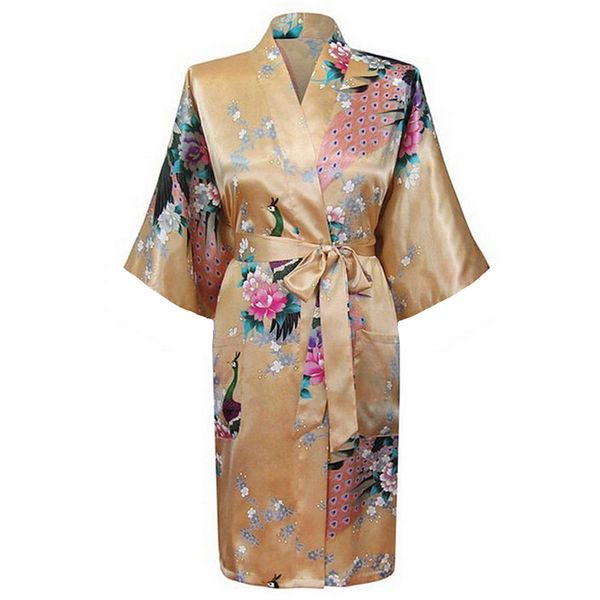 

wholesale- dropshipping gold women's satin rayon nightwear soft silk kimono gown novelty printed bathrobe size s  l xl xxl xxxl, Black;red