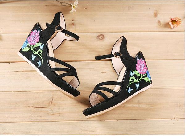 

a stitch of original wedge sandals female summer shoes suede high-heeled shoes folk style embroidery 2016 new, Black
