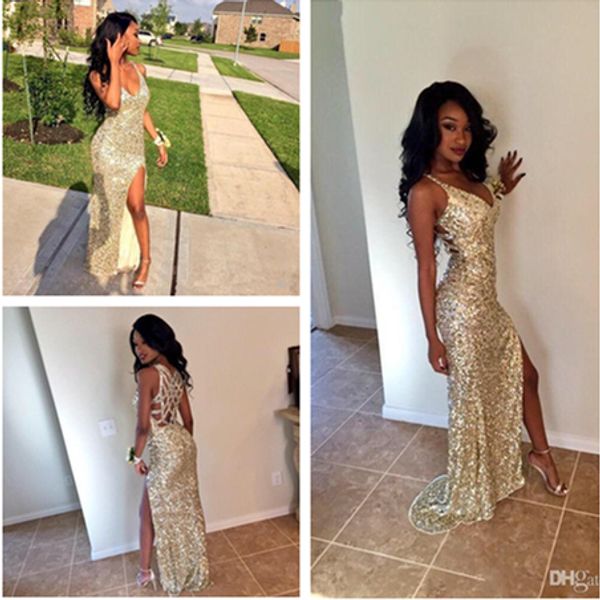 

gold sequin prom dresses 2017 slit evening dress women long party gowns customize gold sequins split graduation dresses deep v neck, Black