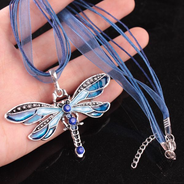 

vintage dragonfly crystal pendant necklace lace string necklace women statement necklaces 6 colors bronze retro jewelry, Silver