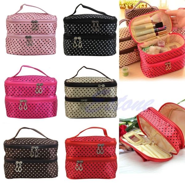 

wholesale-women portable cosmetic polka dots organizer beauty makeup case pouch zip bags ing