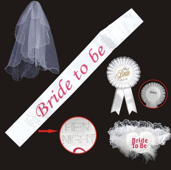 Bride To Be Set Rosette mantilla Badge Sash Garter Veil tiara Hen Night Bachelorette wedding Party props white drop shipping
