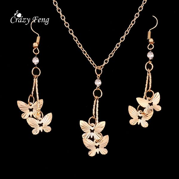 Wholesale-New butterfly women's fashion Jewelry Set Necklace Earrings Gold plated wholesale wedding jewelry set free shipping classy style
