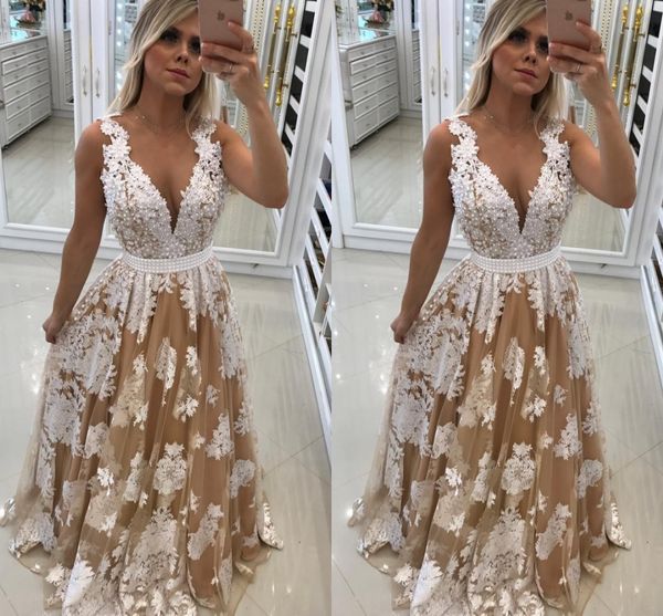 

gorgeous appliques pearls tulle plus size prom dresses sheer neck sleeveless floor length ivory champagne backless evening dresses, Black