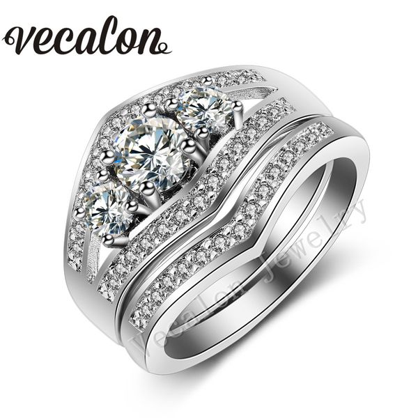 Vecalon 2016 três-stone 3ct simulado diamante cz anel de banda de casamento conjunto para mulheres 10kt branco ouro enchido noivado conjuntos de noiva