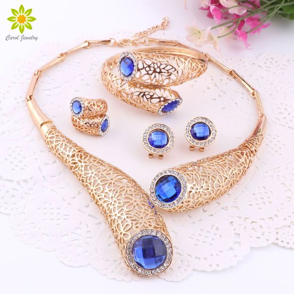 

new design selling gold plated blue crystal necklace jewelry set wedding bridal party fashion jewelry, Slivery;golden