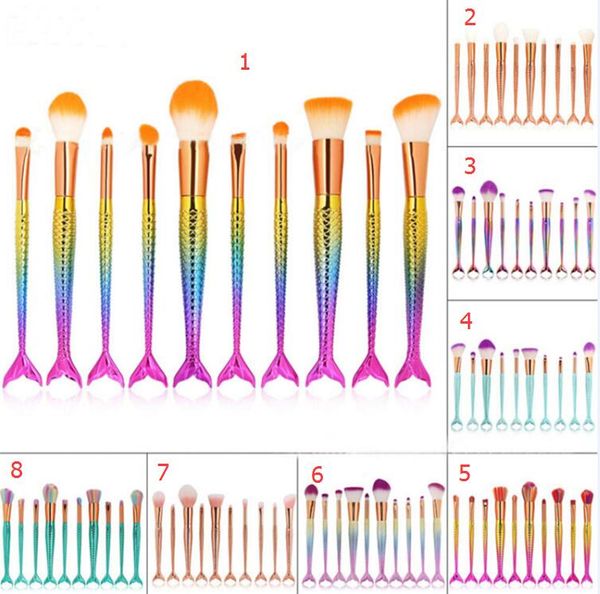 

10pcs mermaid brush rainbow makeup brushes set cream face power brushes kits multipurpose beauty rainbow cosmetic brush kits new hot