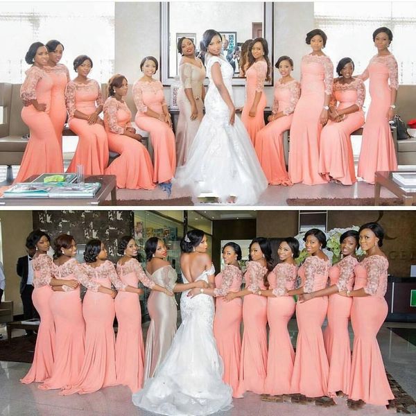 

2019 coral satin mermaid long bridesmaid dresses sheer neck lace three quarter sleeves wedding party dresses ba359, White;pink