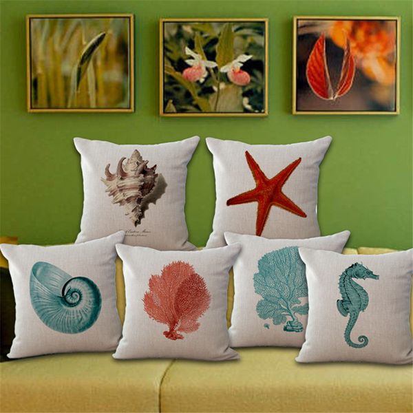 Marine Animal Cushion Cover Cotton Linen Throw Pillow Case Conch