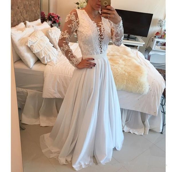 

2019 Newest Deep V Neck Prom Dresses A-line Long Sleeve White Prom Dress Beading Appliques for Party Gowns Robe de soiree Custom Made