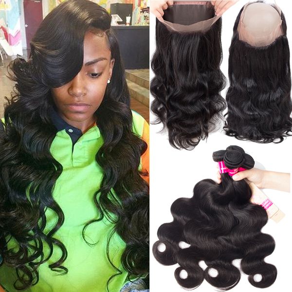 

brazilian hair body wave & straight bundles virgin human hair weave with 360 lace frontal closure unprocessed peruvian indian malaysian hair, Black;brown