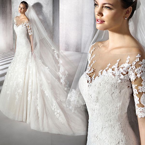 Acheter Couleur Blanche Bijou Cou Creuse Dentelle Demi Manches Robe De Mariée Sirène Pour Jardin De $205.63 Du Sritrade
