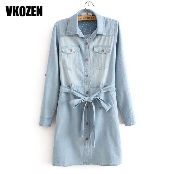 

wholesale- 2017 new womens dress korean style women lapel long sleeve pocket denim dress 3m27, White;black