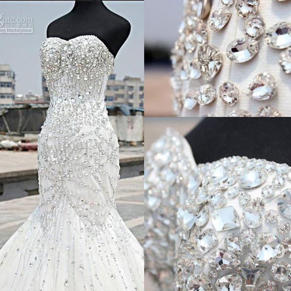 Teure Luxus-Hochzeitskleider im Meerjungfrau-Stil 2016, sexy glitzernde Perlenkristalle, herzförmiger Ausschnitt, elegantes Elfenbein, rückenfreie Brautkleider mit langer Schleppe
