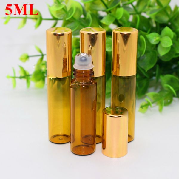 Mini 5 ml Brown Âmbar rolo Vidro Em frascos de perfume óleo essencial com Roller Ball Aço inoxidável e ouro Cap Atacado 1100Pcs / Lot