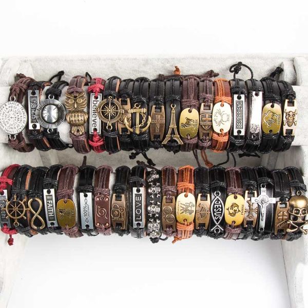 

band new vintage metal leather mens womens surfer bracelet cuff wristband lots mixed style alloy pendant retro jewelry charm bracelet, Golden;silver