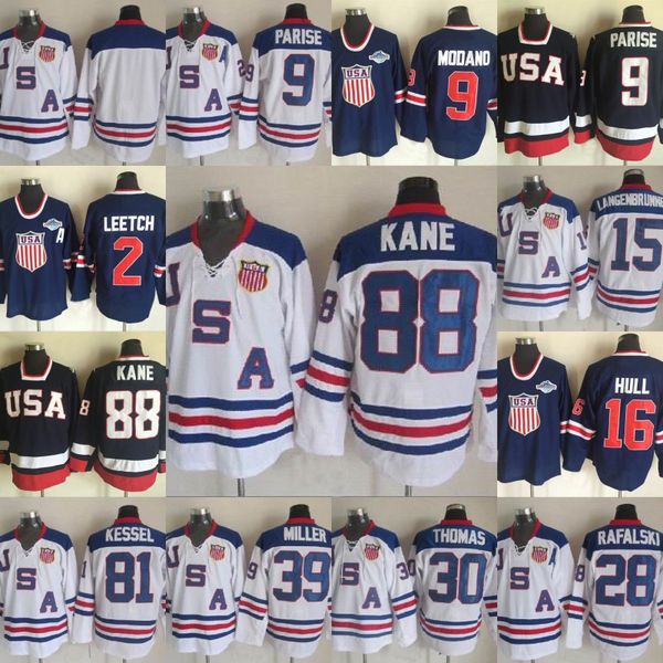 

2010 Team USA 88 Kane 81 Kessel 28 Brian Rafalski 30 Thomas Miller 15 Langenbrunner 9 Parise 16 Hull Leetch Hockey Jerseys