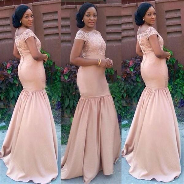 

african mermaid bridesmaid dresses off shoulders cap sleeves lace satin wedding guest dress de fiesta vestidos fformal cocktail party dress, White;pink