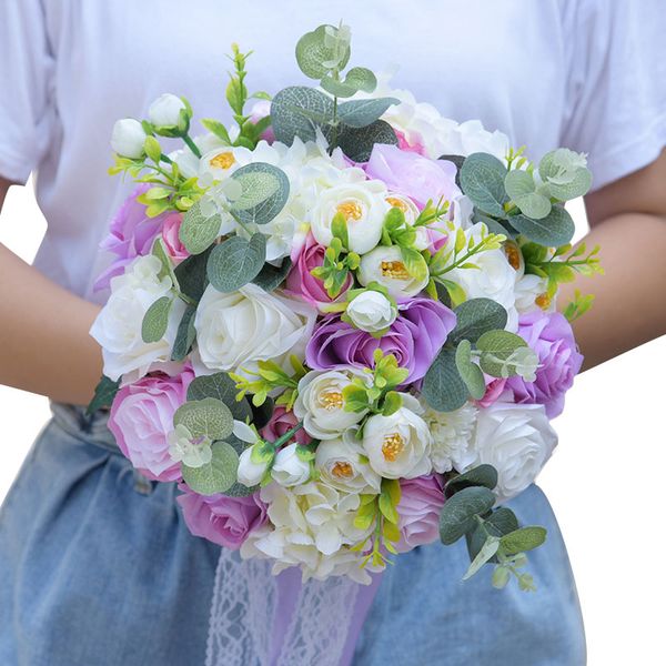 Acheter Bouquet De Fleurs Artificielles Rose Beau Bouquet De Mariage Pourpre Tout Le Bouquet De Mariage Fait Main Fleur Fleurs Bouquet De Mariée D617