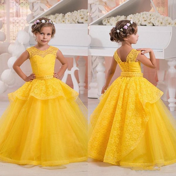 

Yellow Lace Flower Girls Dresses Children Sheer Neck Tiers Skirt Peplum Girls Pageant Dress Lace Up Princess Kids Birthday Dress Formal Wear