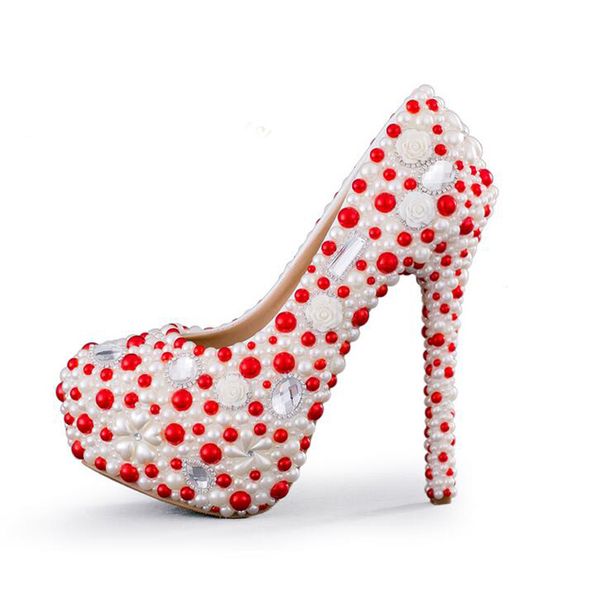 Novo Designer Branco e Vermelho Pérola Festa de Casamento Sapatos Lindos Mulheres Plataforma de Salto Alto Sapatos Bombas de Noiva Plus Size