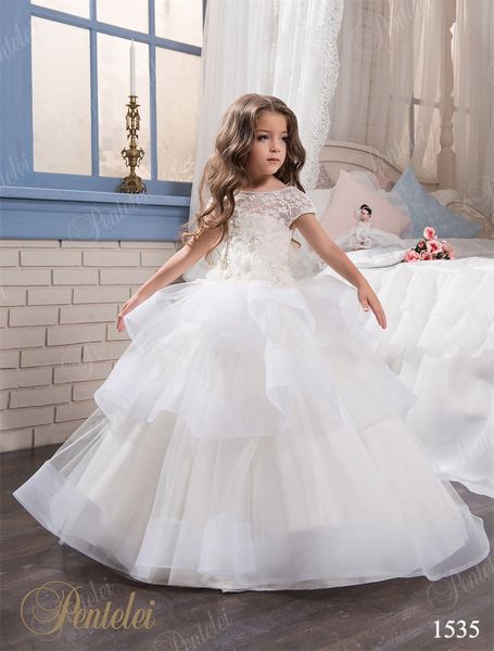 Mother Daughter Dresses with Cap Sleeves and Tiered Skirt Pentelei Lace & Organza Princess Flower Girls Gowns for Weddings