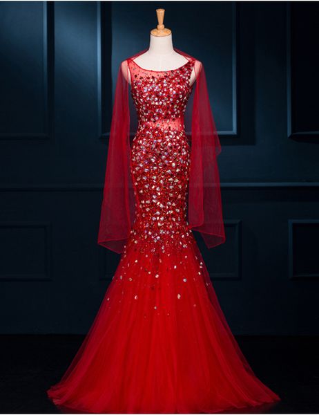 

gorgeous style mermaid red evening dress with shawl backless scoop neck rhinestones beaded tulle luxury party gowns custom made, Black;red