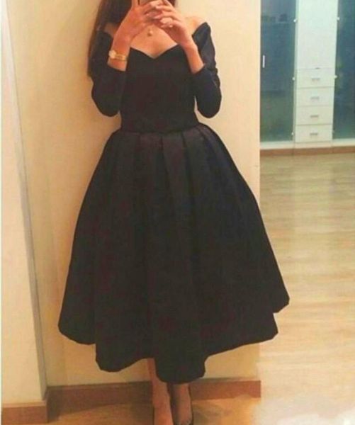 

2019 black satin Short A line Cheap Evening Prom Gowns V Neck Off Shoulder Long Sleeve Celebrity Party Dresses Tea Length Arabic Dubai