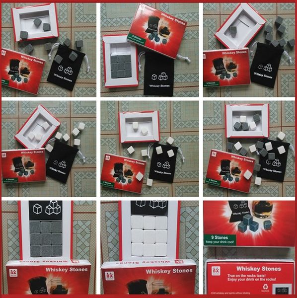 

900pcs/100set natural stones 9pcs/set whisky stones cooler soapstone ice cube with velvet storage pouch 2045-5