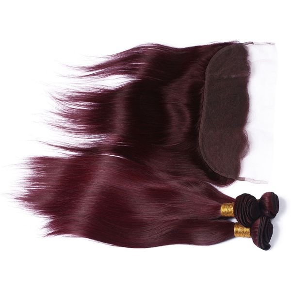 

9a indian human hair wine red with frontals #99j burgundy 3bundles with lace frontal closure 13x4 silky straight weaves with frontal, Black;brown