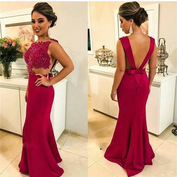 Sexy Bordeaux Moeder Van De Bruid Jurk Satijnen Avondjurk Kanten Lijfje Sexy Backless Lange Met Strik Formele Partij jassen Vestidos De Festa