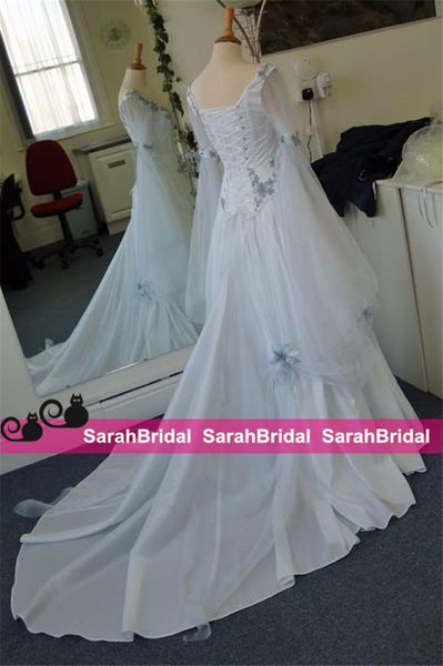 2022 Abito da sposa celtico vintage avorio e azzurro colorato abiti da sposa medievali scoop corsetto maniche lunghe appliques personalizzato Ma311S