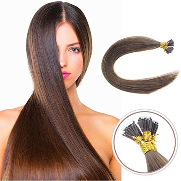 Elibisess großhandel 1g / stränge 100s / pack # 6 mittelbraune micro nano ringe haar gerade doppelt doppelt gezeichnete remy menschliche haarverlängerungen